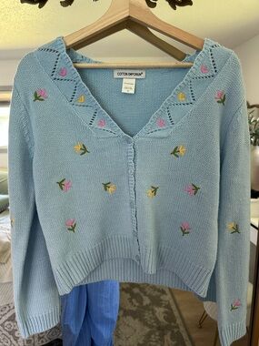 Cotton Emporium Sky Blue Embroidered Floral V-Neck Cardigan